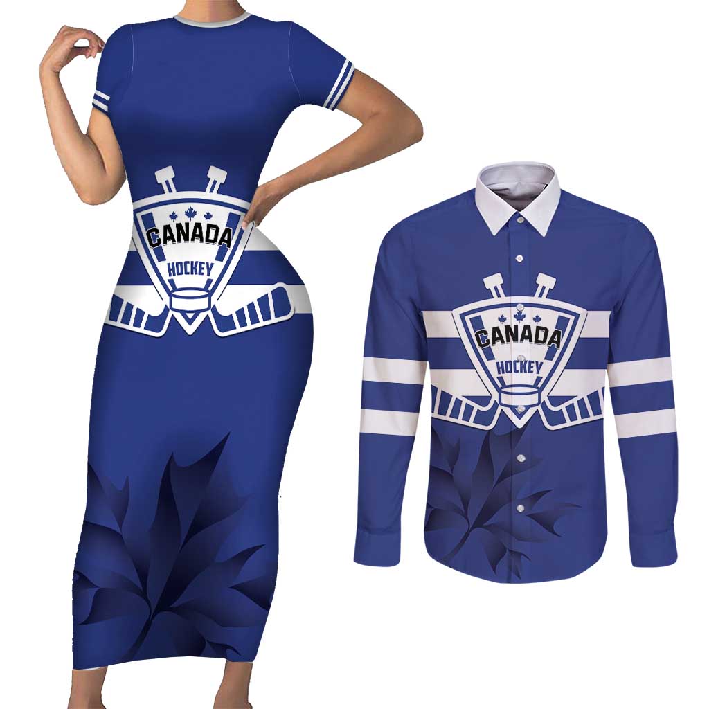 Custom Canada Hockey Team Couples Matching Short Sleeve Bodycon Dress and Long Sleeve Button Shirt Maple Leaf Blue Version