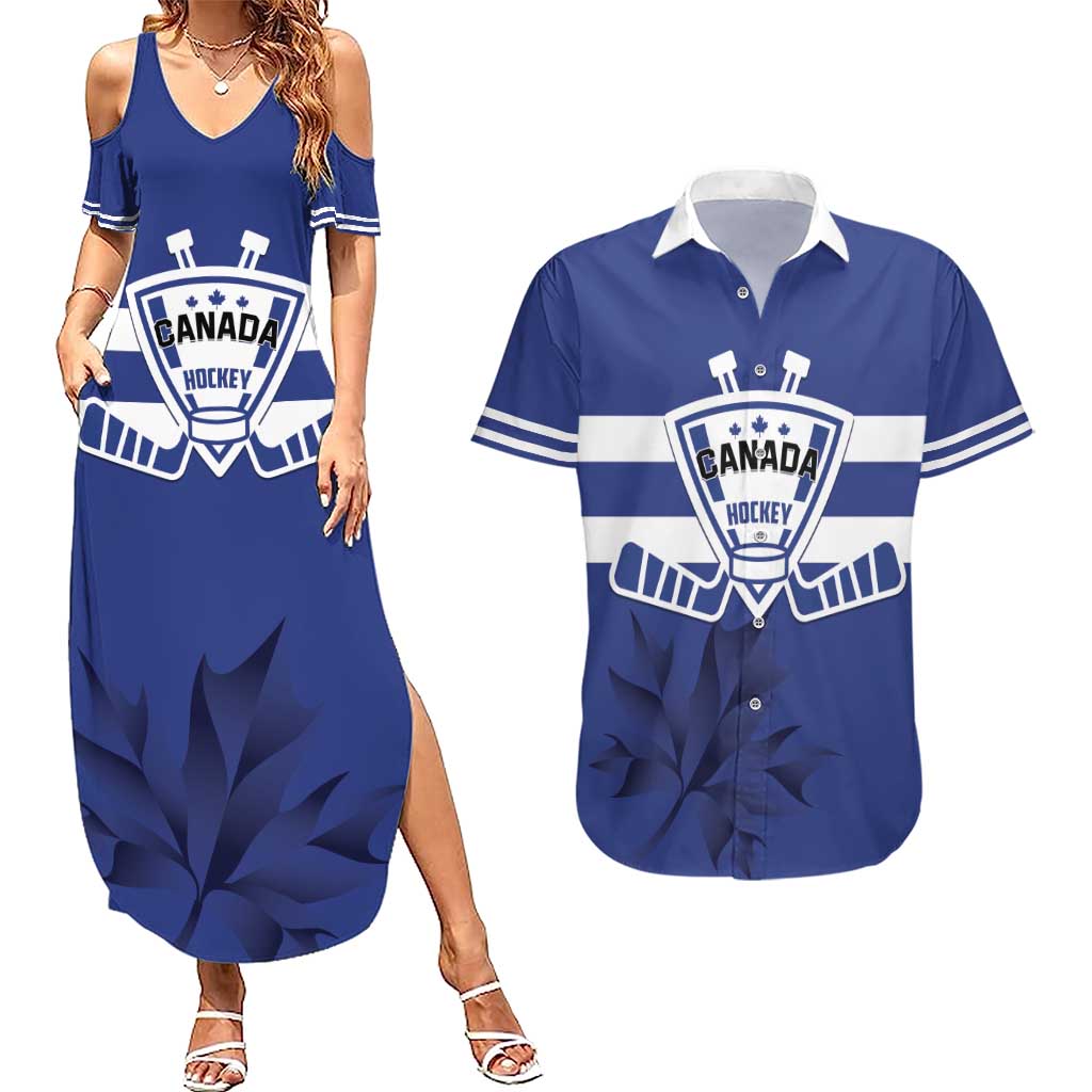 Custom Canada Hockey Team Couples Matching Summer Maxi Dress and Hawaiian Shirt Maple Leaf Blue Version