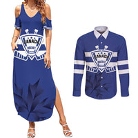 Custom Canada Hockey Team Couples Matching Summer Maxi Dress and Long Sleeve Button Shirt Maple Leaf Blue Version