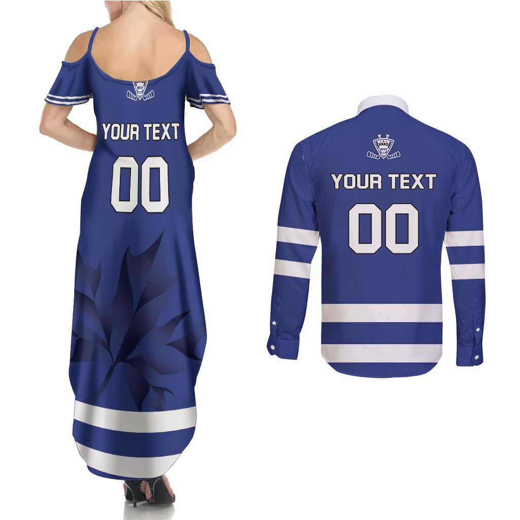 Custom Canada Hockey Team Couples Matching Summer Maxi Dress and Long Sleeve Button Shirt Maple Leaf Blue Version