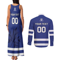 Custom Canada Hockey Team Couples Matching Tank Maxi Dress and Long Sleeve Button Shirt Maple Leaf Blue Version