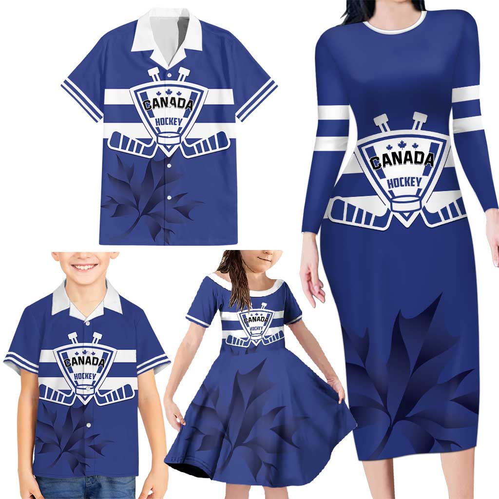 Custom Canada Hockey Team Family Matching Long Sleeve Bodycon Dress and Hawaiian Shirt Maple Leaf Blue Version