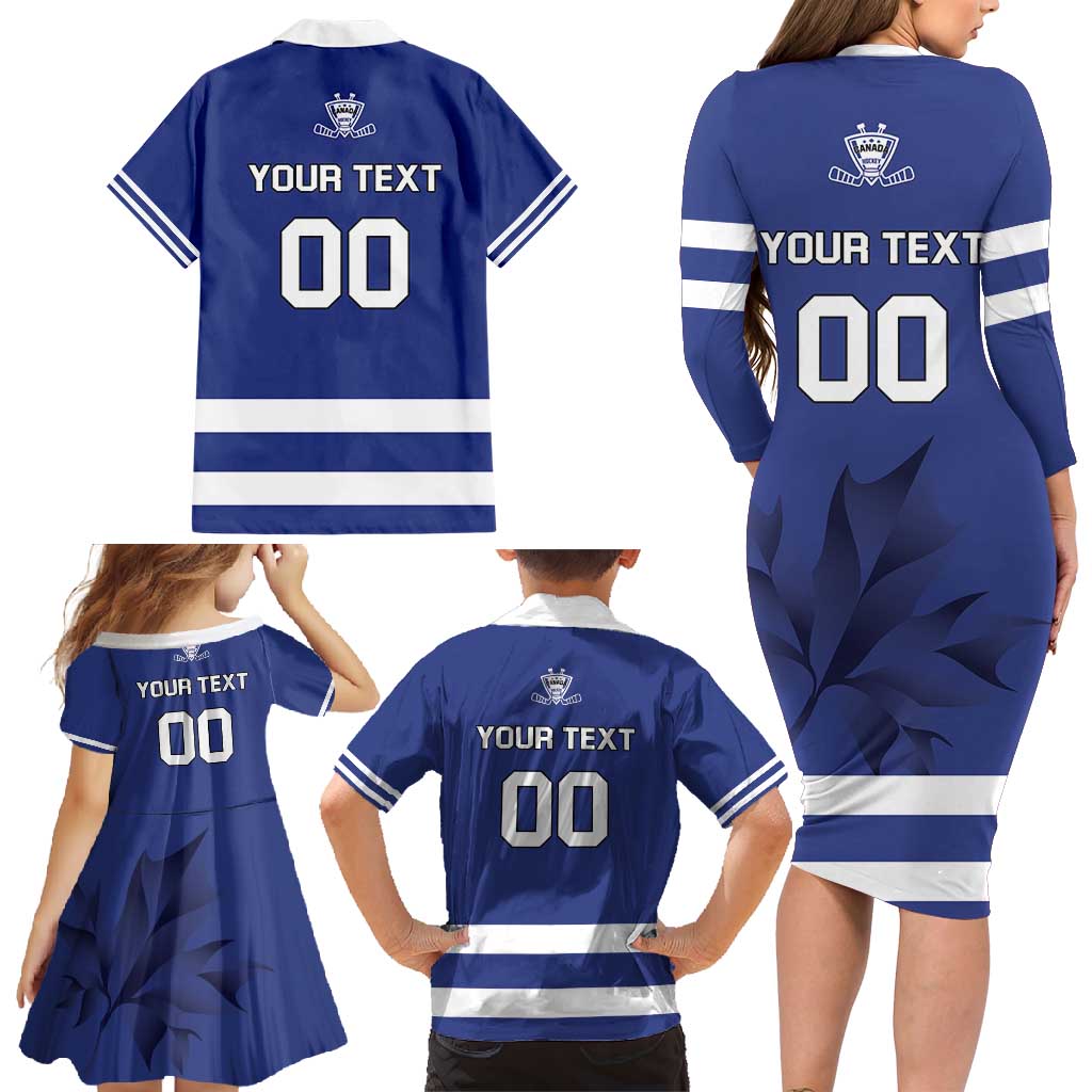 Custom Canada Hockey Team Family Matching Long Sleeve Bodycon Dress and Hawaiian Shirt Maple Leaf Blue Version