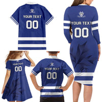 Custom Canada Hockey Team Family Matching Long Sleeve Bodycon Dress and Hawaiian Shirt Maple Leaf Blue Version
