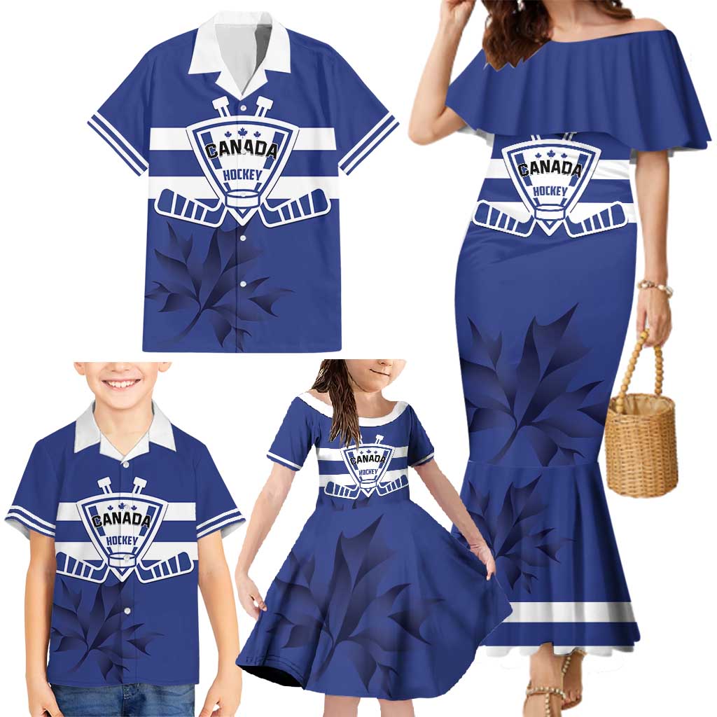 Custom Canada Hockey Team Family Matching Mermaid Dress and Hawaiian Shirt Maple Leaf Blue Version