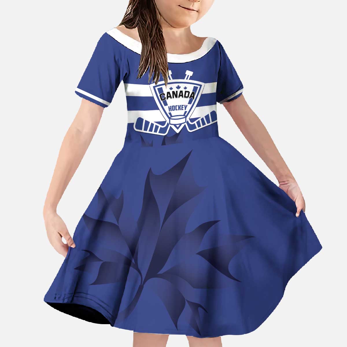 Custom Canada Hockey Team Family Matching Off The Shoulder Long Sleeve Dress and Hawaiian Shirt Maple Leaf Blue Version