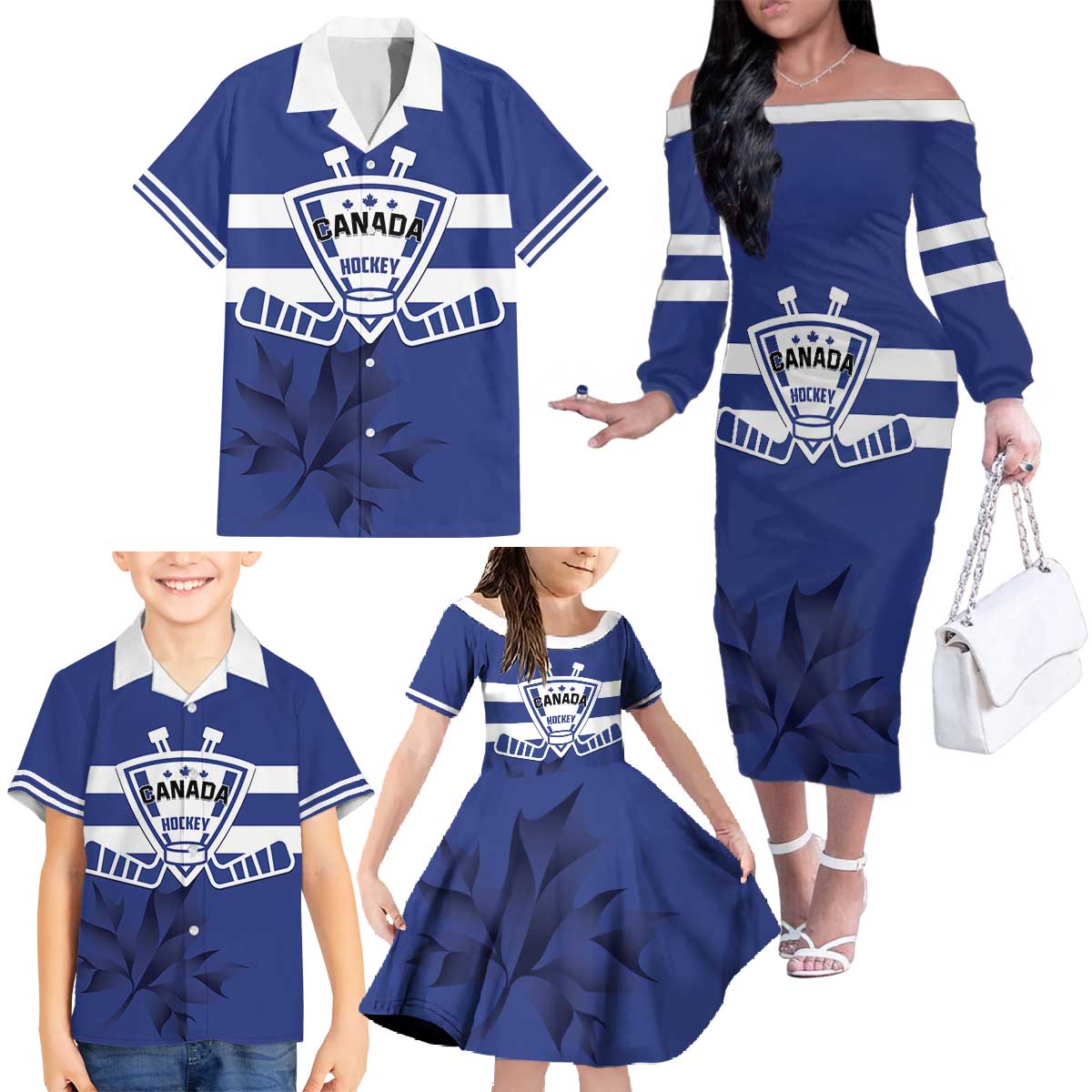 Custom Canada Hockey Team Family Matching Off The Shoulder Long Sleeve Dress and Hawaiian Shirt Maple Leaf Blue Version