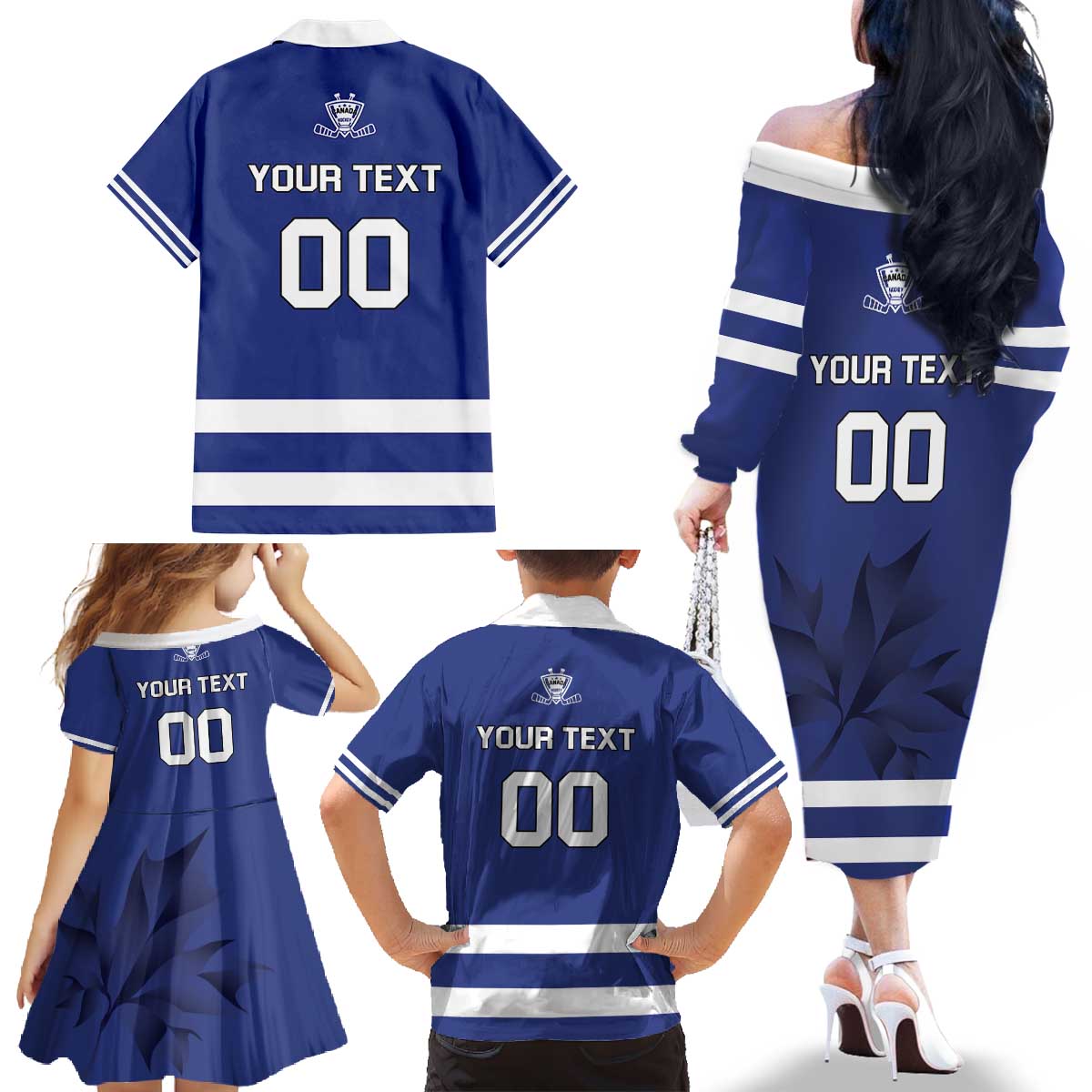 Custom Canada Hockey Team Family Matching Off The Shoulder Long Sleeve Dress and Hawaiian Shirt Maple Leaf Blue Version