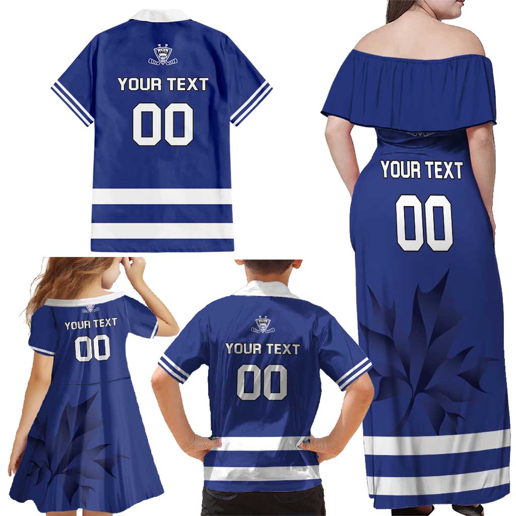Custom Canada Hockey Team Family Matching Off Shoulder Maxi Dress and Hawaiian Shirt Maple Leaf Blue Version