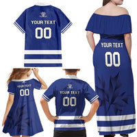 Custom Canada Hockey Team Family Matching Off Shoulder Maxi Dress and Hawaiian Shirt Maple Leaf Blue Version