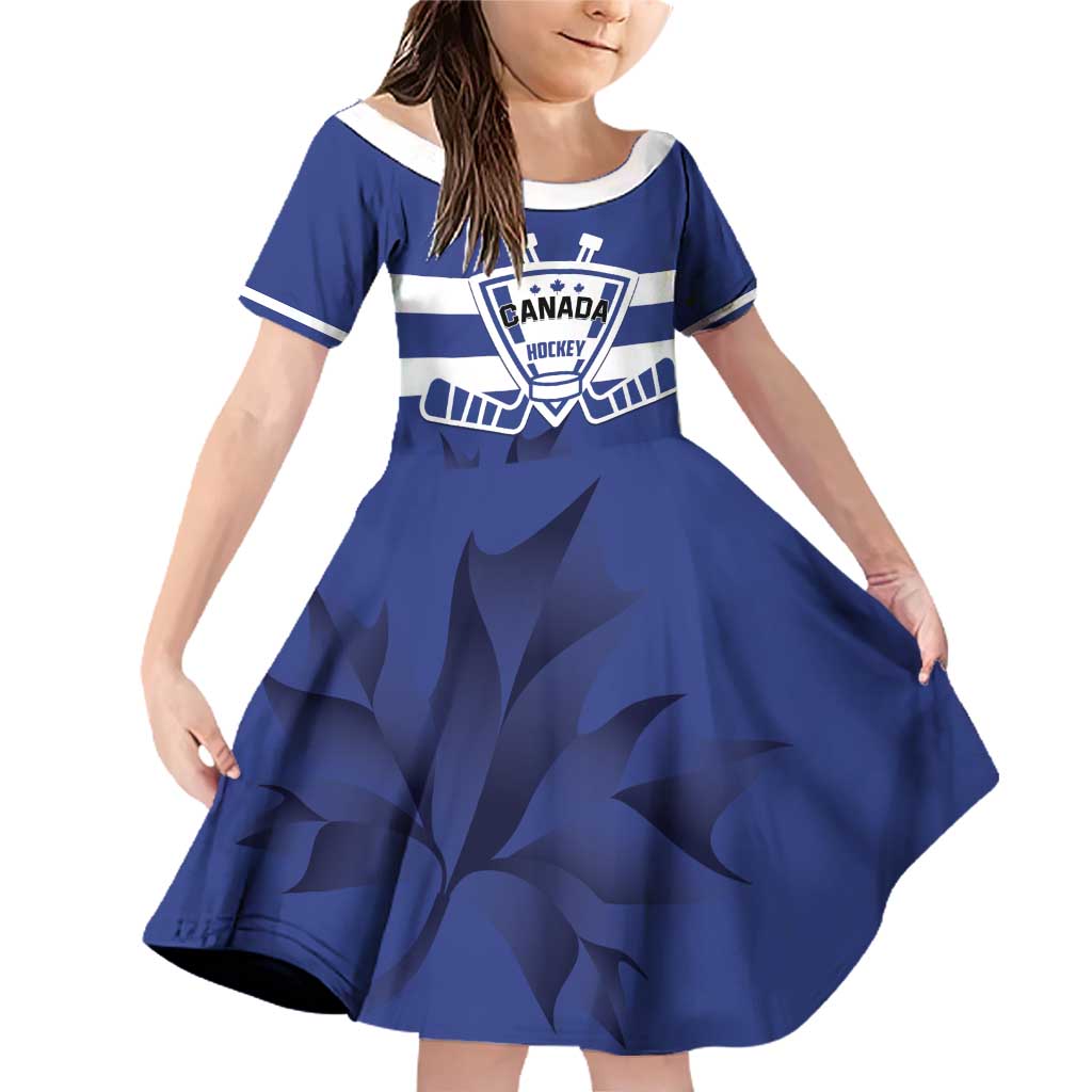 Custom Canada Hockey Team Family Matching Off Shoulder Short Dress and Hawaiian Shirt Maple Leaf Blue Version