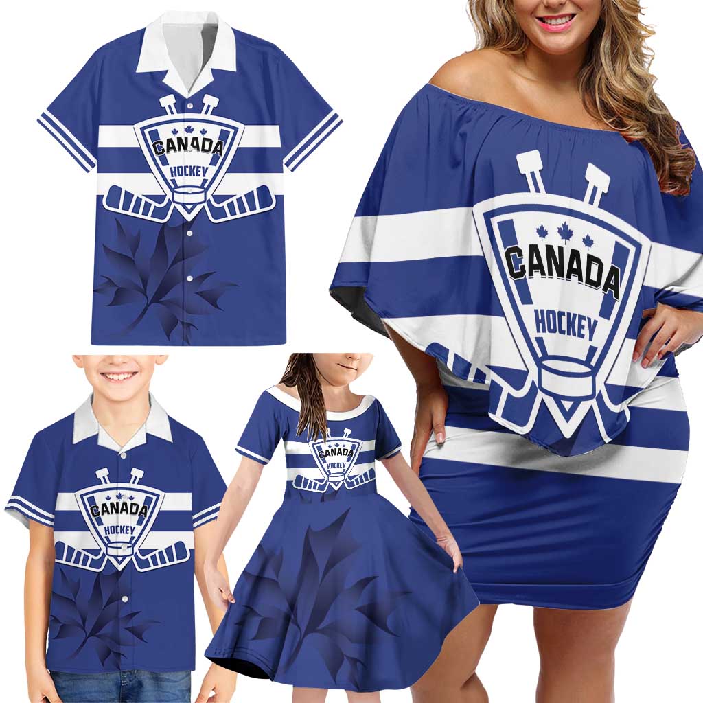 Custom Canada Hockey Team Family Matching Off Shoulder Short Dress and Hawaiian Shirt Maple Leaf Blue Version
