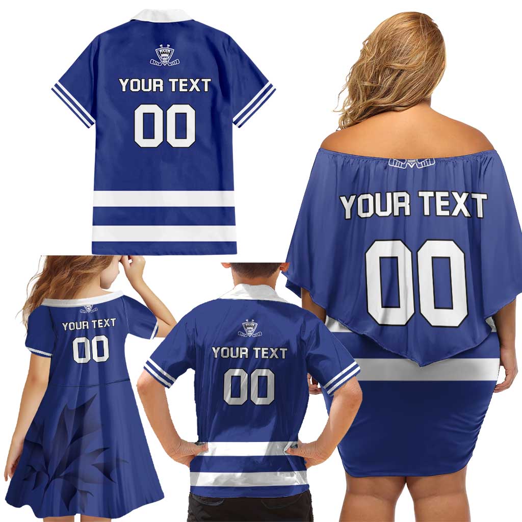 Custom Canada Hockey Team Family Matching Off Shoulder Short Dress and Hawaiian Shirt Maple Leaf Blue Version