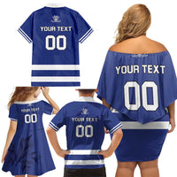 Custom Canada Hockey Team Family Matching Off Shoulder Short Dress and Hawaiian Shirt Maple Leaf Blue Version