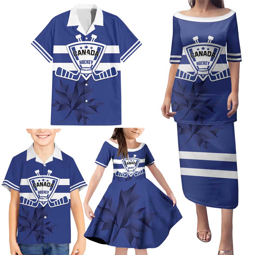 Custom Canada Hockey Team Family Matching Puletasi and Hawaiian Shirt Maple Leaf Blue Version