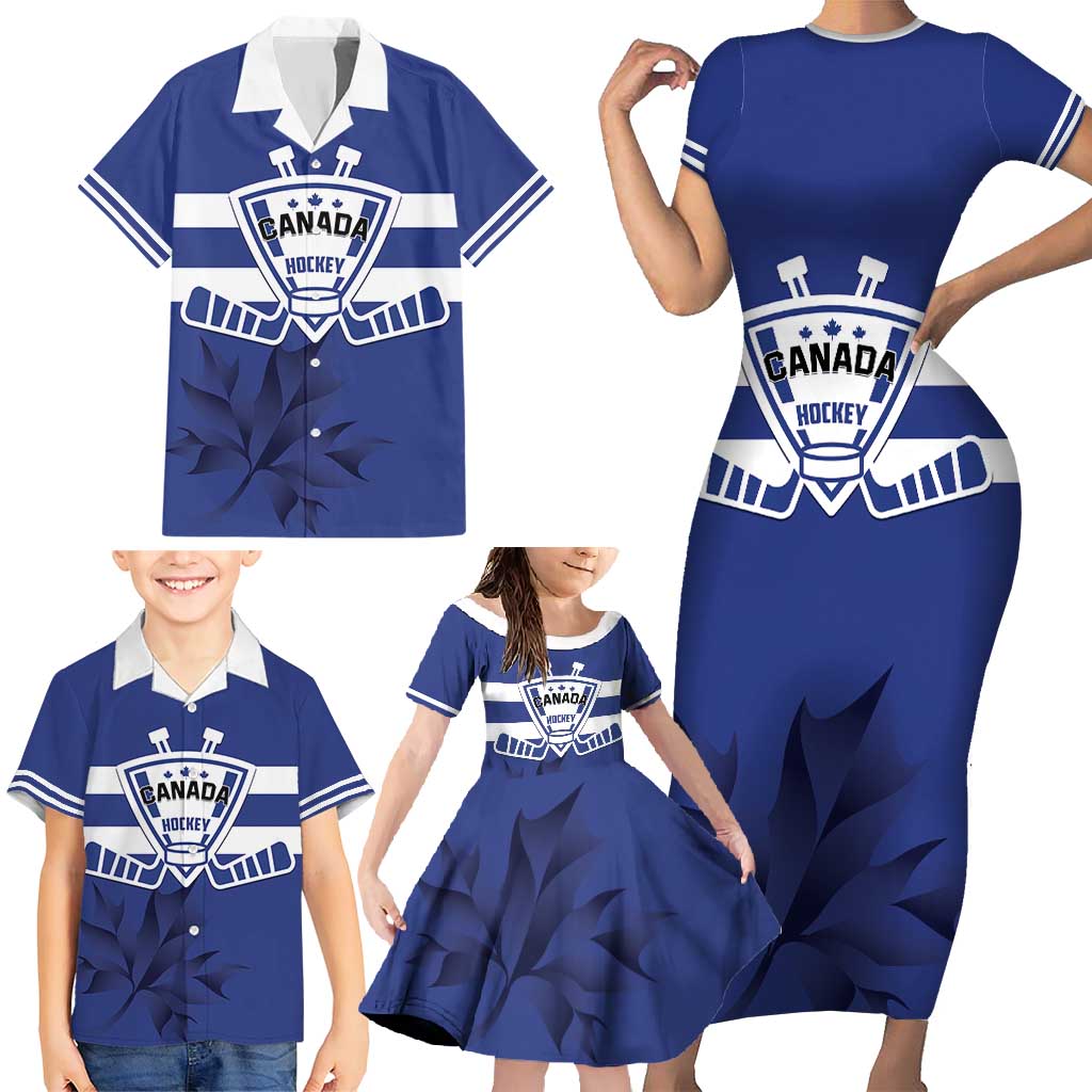 Custom Canada Hockey Team Family Matching Short Sleeve Bodycon Dress and Hawaiian Shirt Maple Leaf Blue Version