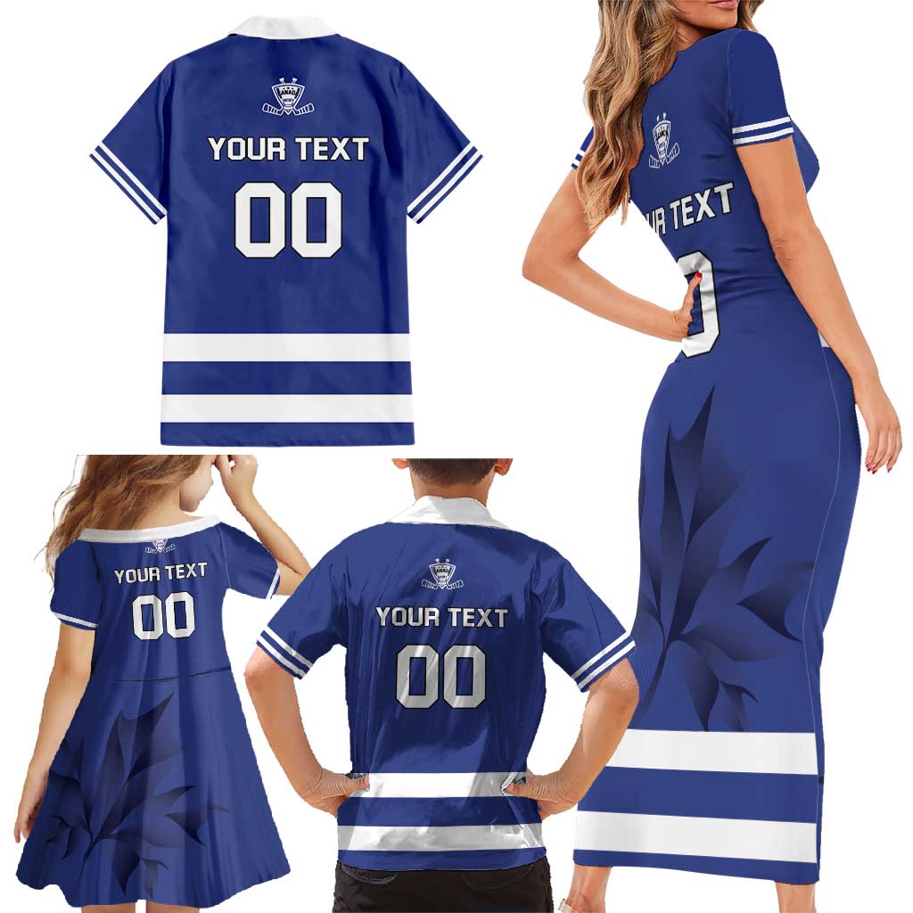 Custom Canada Hockey Team Family Matching Short Sleeve Bodycon Dress and Hawaiian Shirt Maple Leaf Blue Version