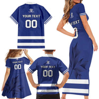 Custom Canada Hockey Team Family Matching Short Sleeve Bodycon Dress and Hawaiian Shirt Maple Leaf Blue Version