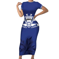 Custom Canada Hockey Team Family Matching Short Sleeve Bodycon Dress and Hawaiian Shirt Maple Leaf Blue Version