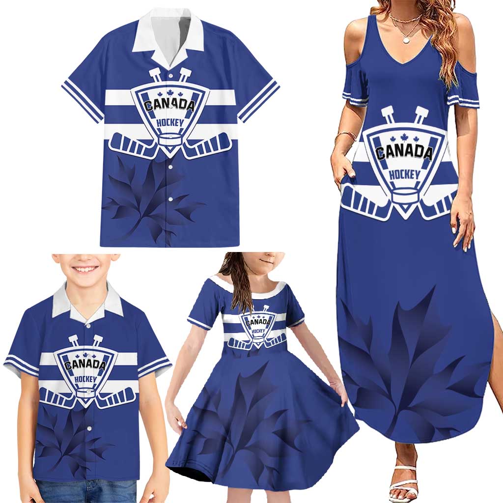Custom Canada Hockey Team Family Matching Summer Maxi Dress and Hawaiian Shirt Maple Leaf Blue Version