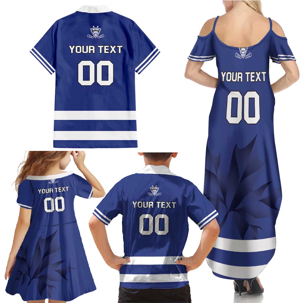 Custom Canada Hockey Team Family Matching Summer Maxi Dress and Hawaiian Shirt Maple Leaf Blue Version