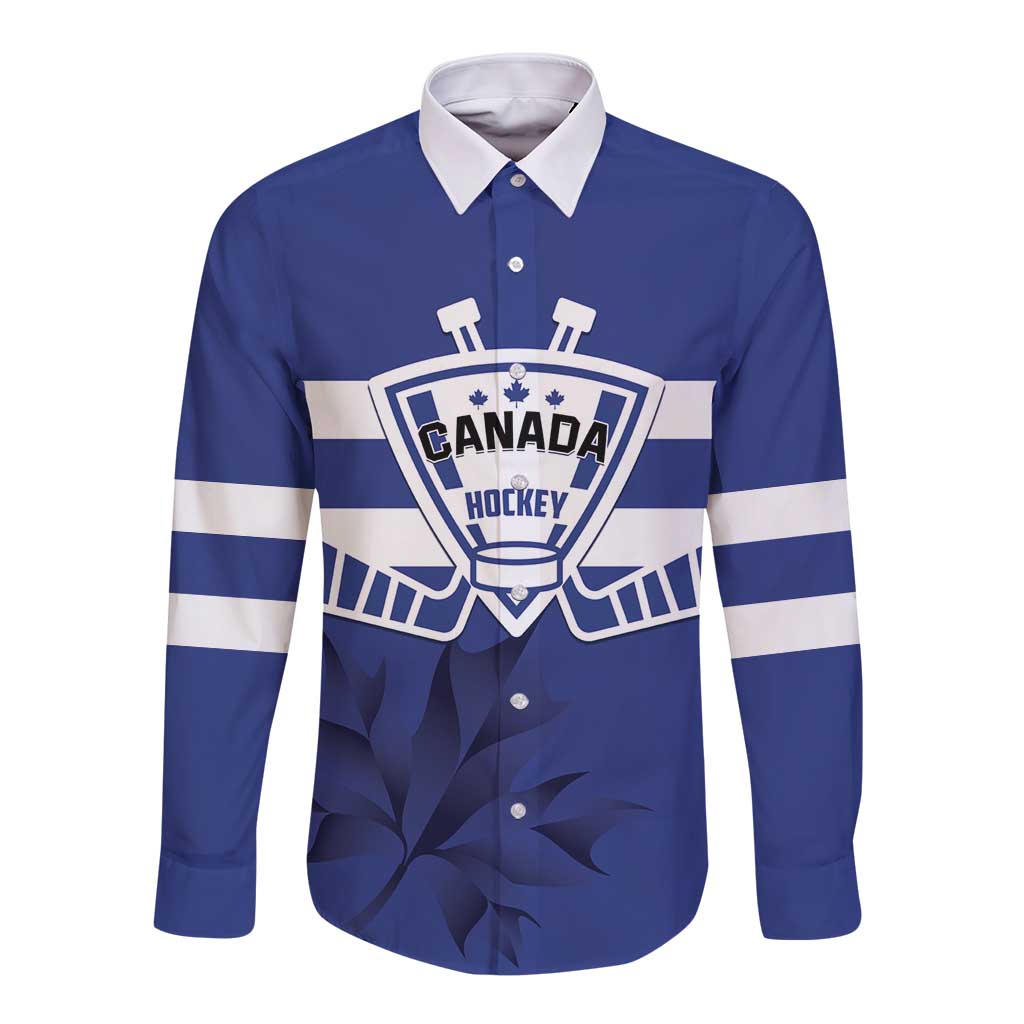Custom Canada Hockey Team Long Sleeve Button Shirt Maple Leaf Blue Version