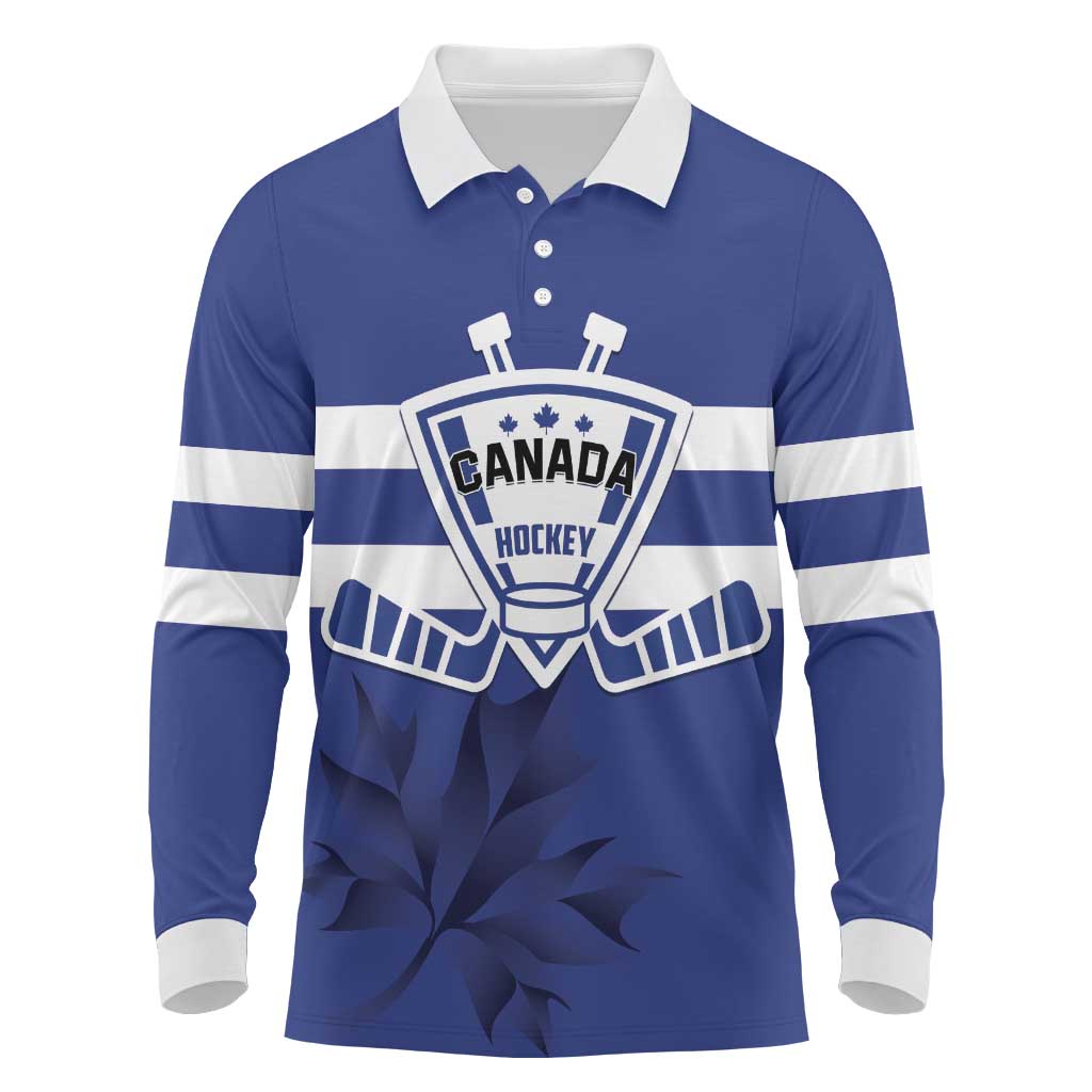 Custom Canada Hockey Team Long Sleeve Polo Shirt Maple Leaf Blue Version