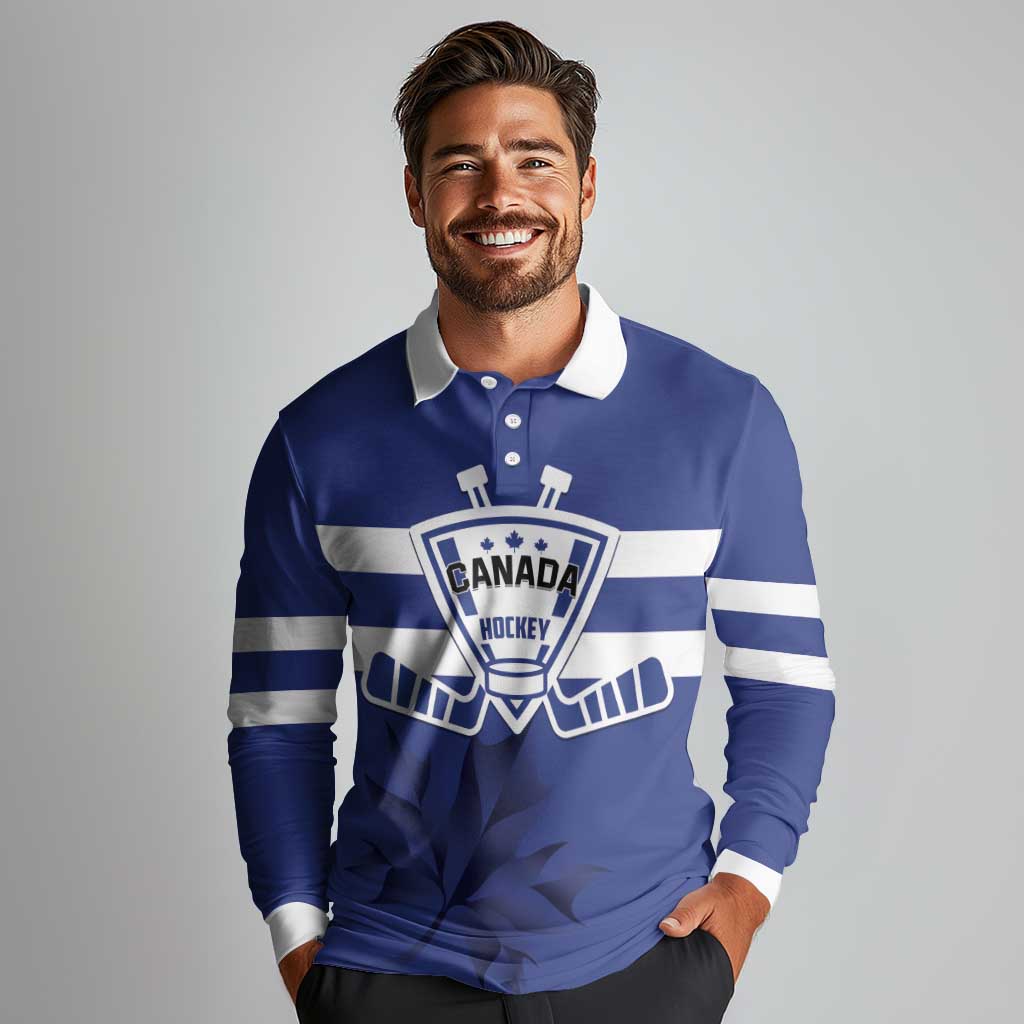 Custom Canada Hockey Team Long Sleeve Polo Shirt Maple Leaf Blue Version