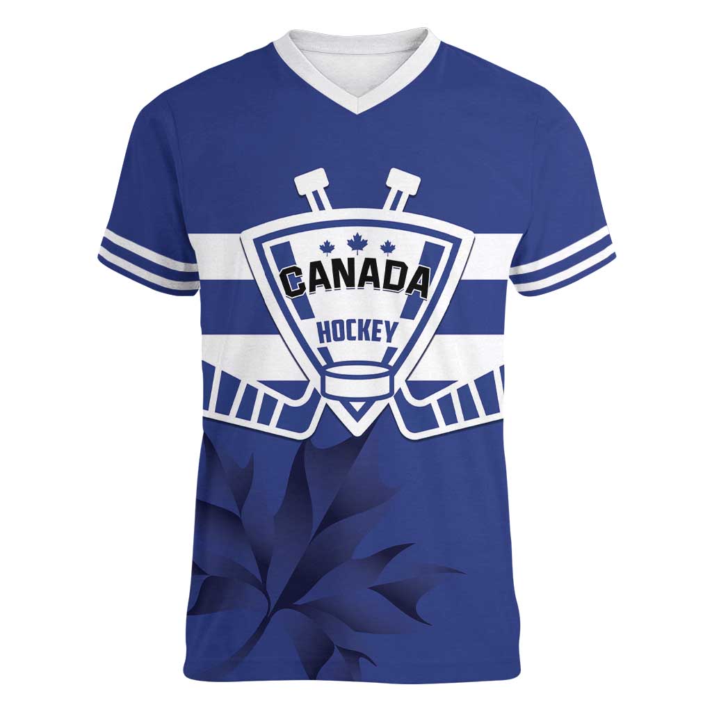 Custom Canada Hockey Team Women V-Neck T-Shirt Maple Leaf Blue Version
