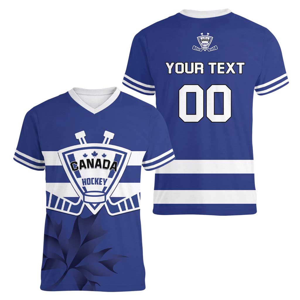 Custom Canada Hockey Team Women V-Neck T-Shirt Maple Leaf Blue Version