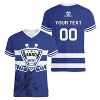Custom Canada Hockey Team Women V-Neck T-Shirt Maple Leaf Blue Version