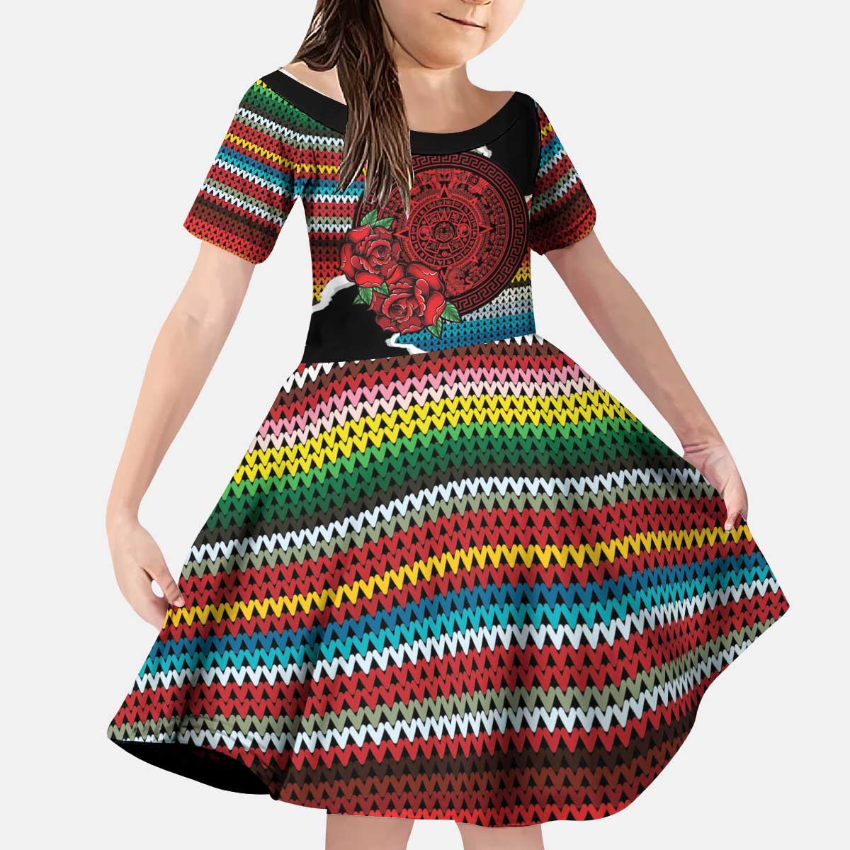 Mexico Aztec Circle Kid Short Sleeve Dress Poncho Pattern
