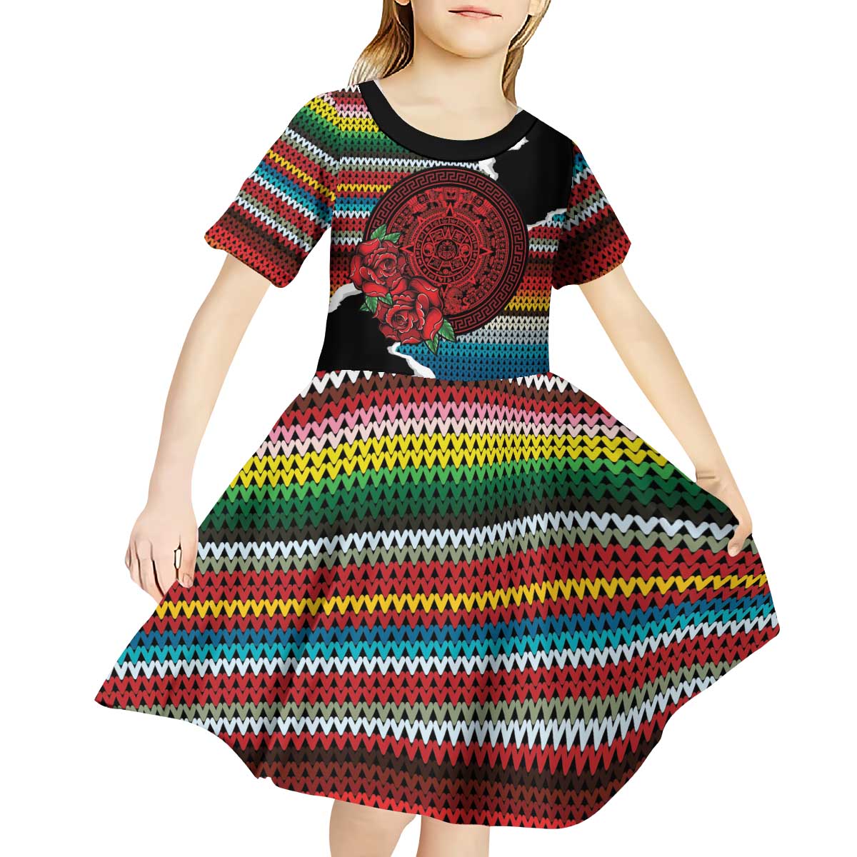 Mexico Aztec Circle Kid Short Sleeve Dress Poncho Pattern
