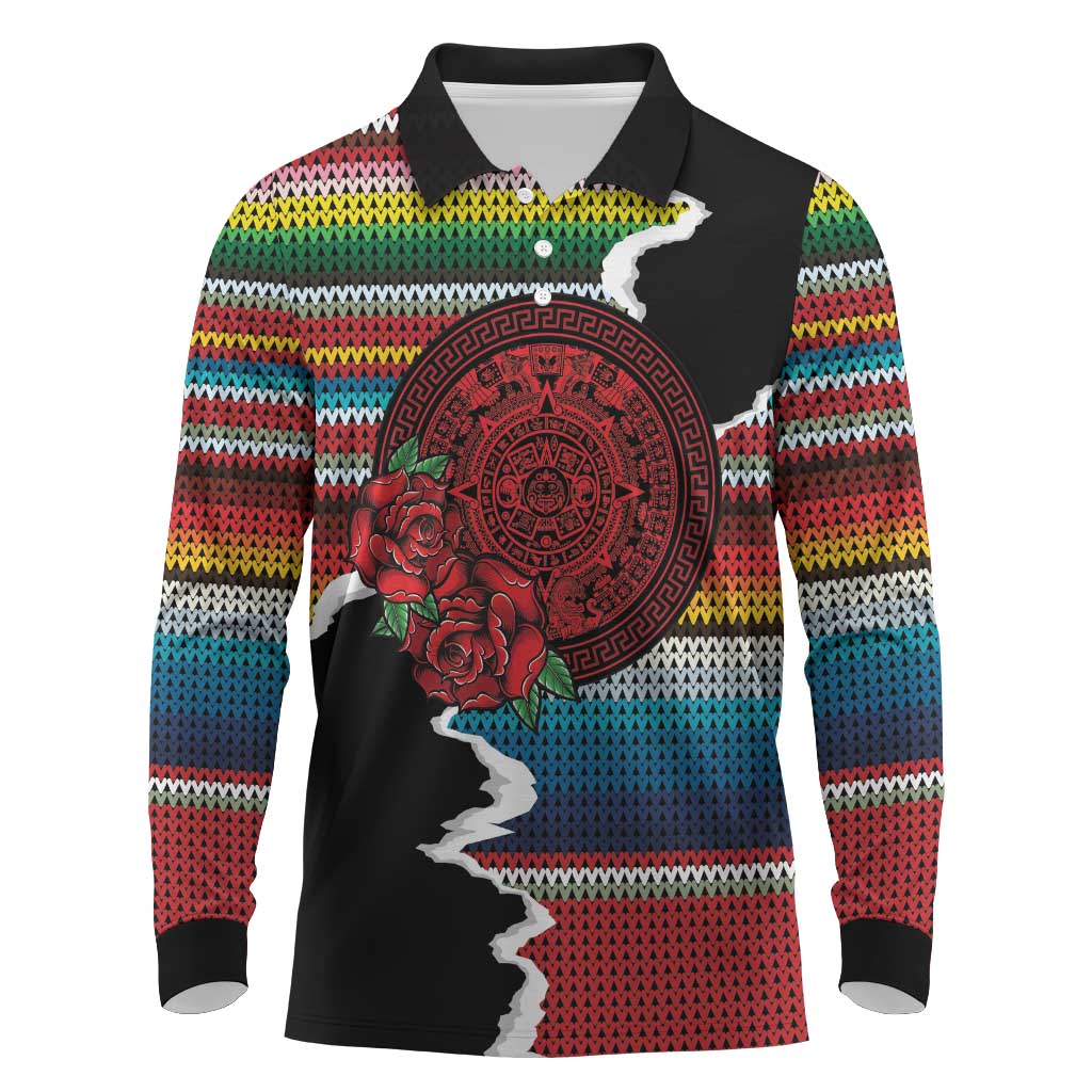 Mexico Aztec Circle Long Sleeve Polo Shirt Poncho Pattern