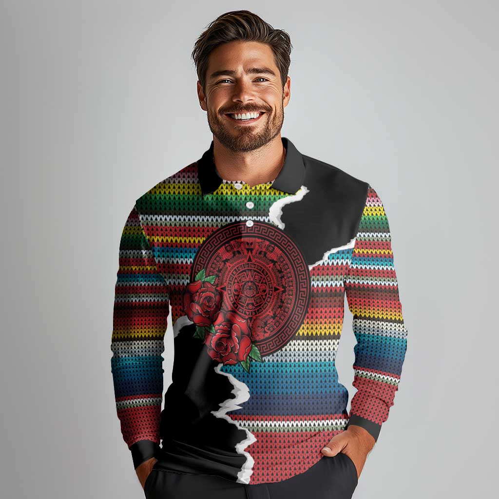 Mexico Aztec Circle Long Sleeve Polo Shirt Poncho Pattern