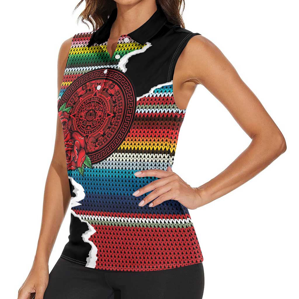 Mexico Aztec Circle Women Sleeveless Polo Shirt Poncho Pattern