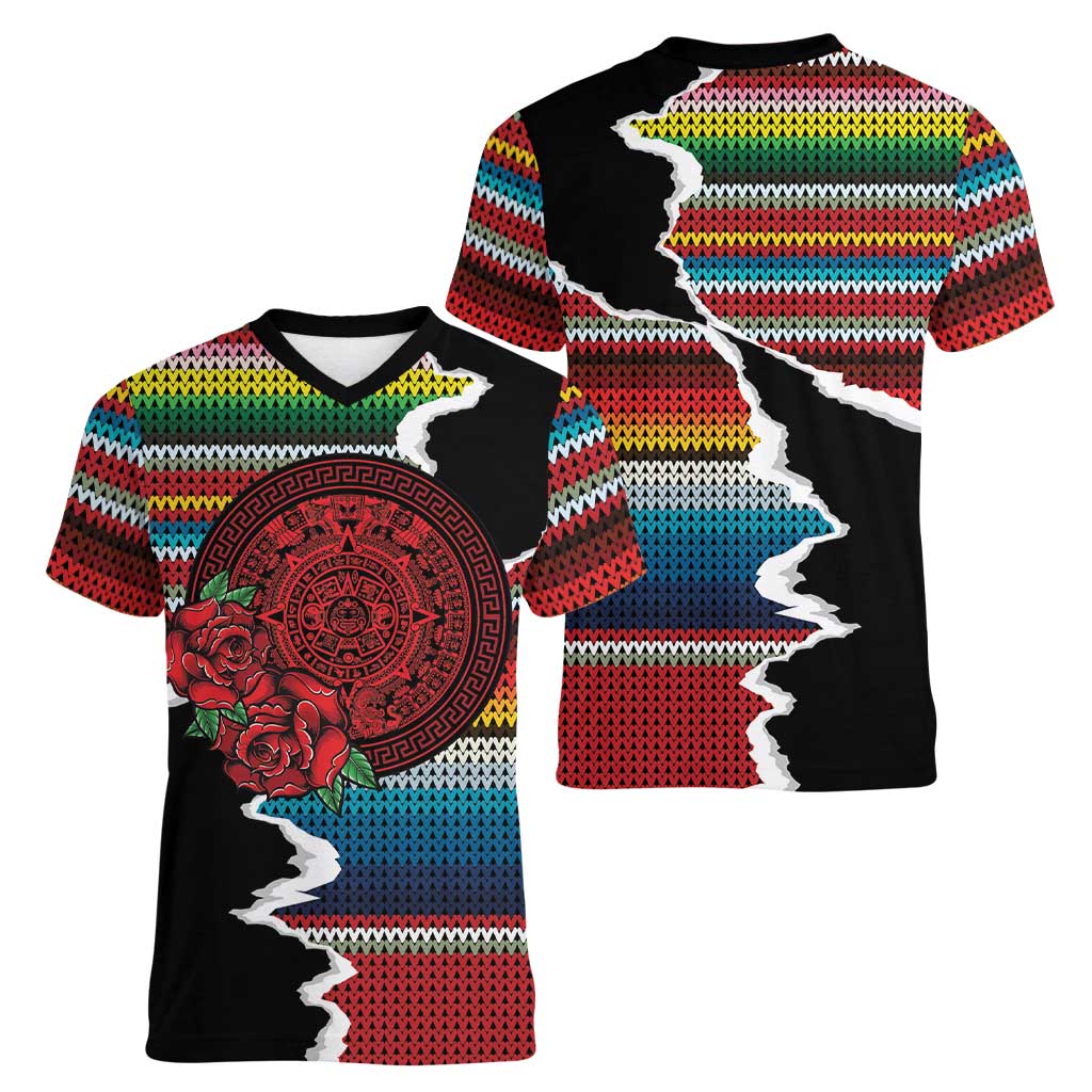 Mexico Aztec Circle Women V-Neck T-Shirt Poncho Pattern