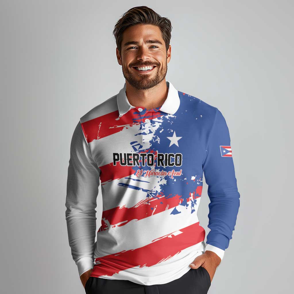 Custom Football 2026 Puerto Rico Long Sleeve Polo Shirt Come On El Huracan Azul