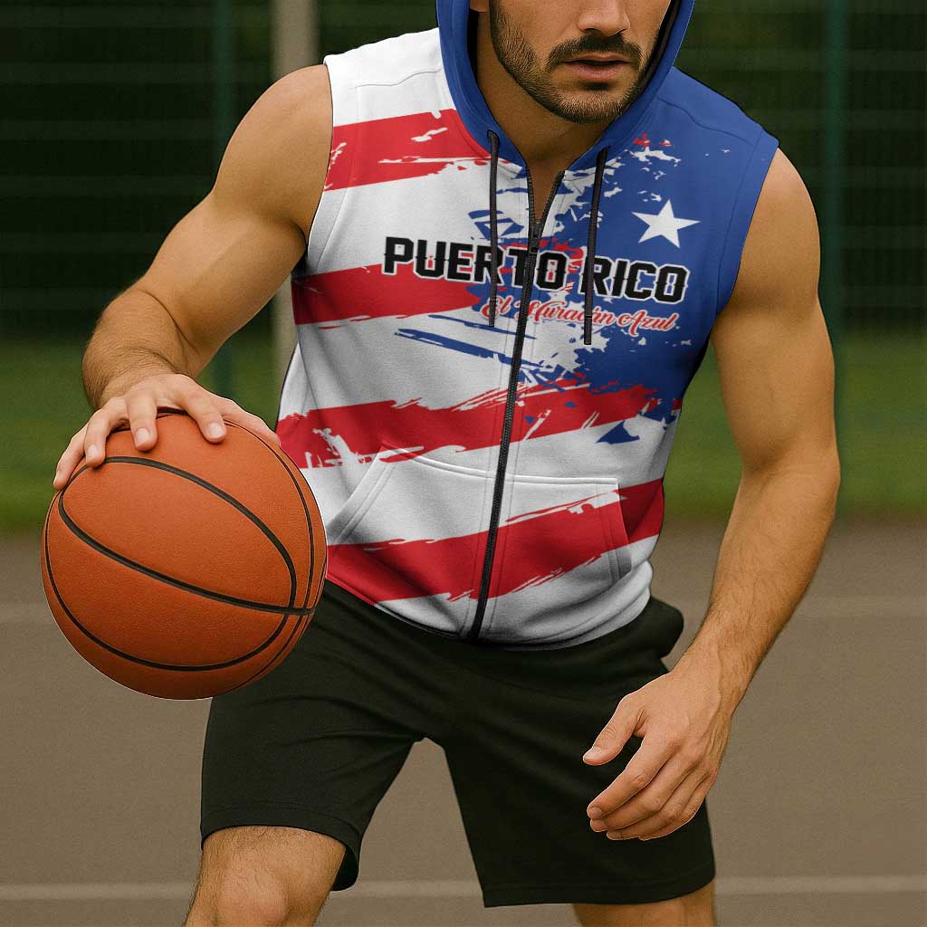 Custom Football 2026 Puerto Rico Sleeveless Zip Hoodie Come On El Huracan Azul