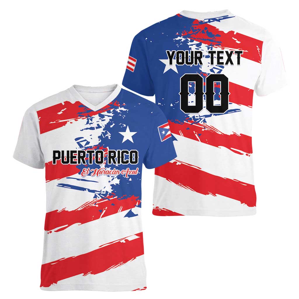 Custom Football 2026 Puerto Rico Women V-Neck T-Shirt Come On El Huracan Azul