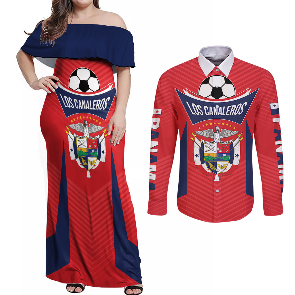 Personalized Panama 2024 Football Couples Matching Off Shoulder Maxi Dress and Long Sleeve Button Shirt Go Los Canaleros - Wonder Print Shop