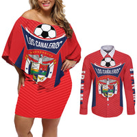 Personalized Panama 2024 Football Couples Matching Off Shoulder Short Dress and Long Sleeve Button Shirt Go Los Canaleros - Wonder Print Shop