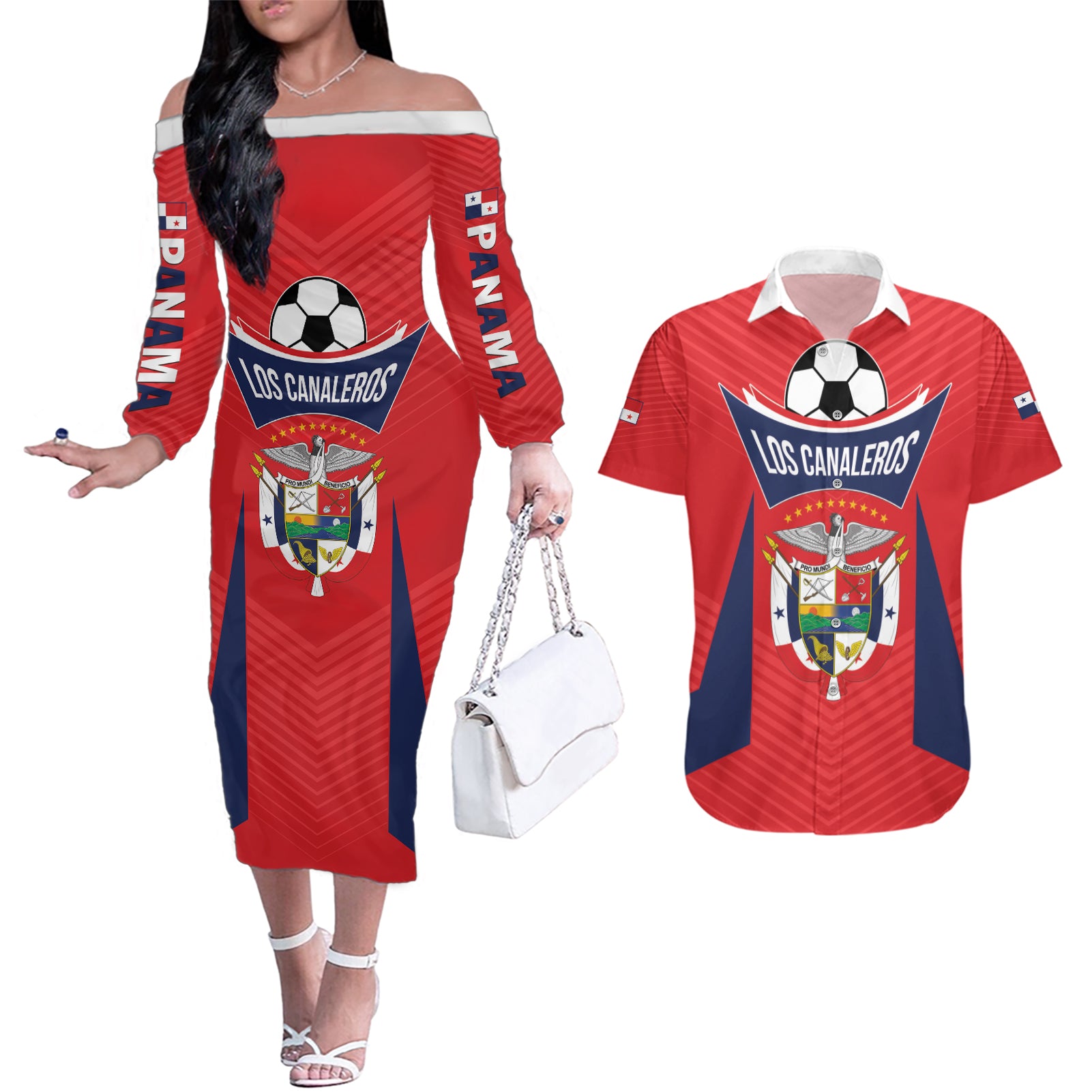 Personalized Panama 2024 Football Couples Matching Off The Shoulder Long Sleeve Dress and Hawaiian Shirt Go Los Canaleros - Wonder Print Shop