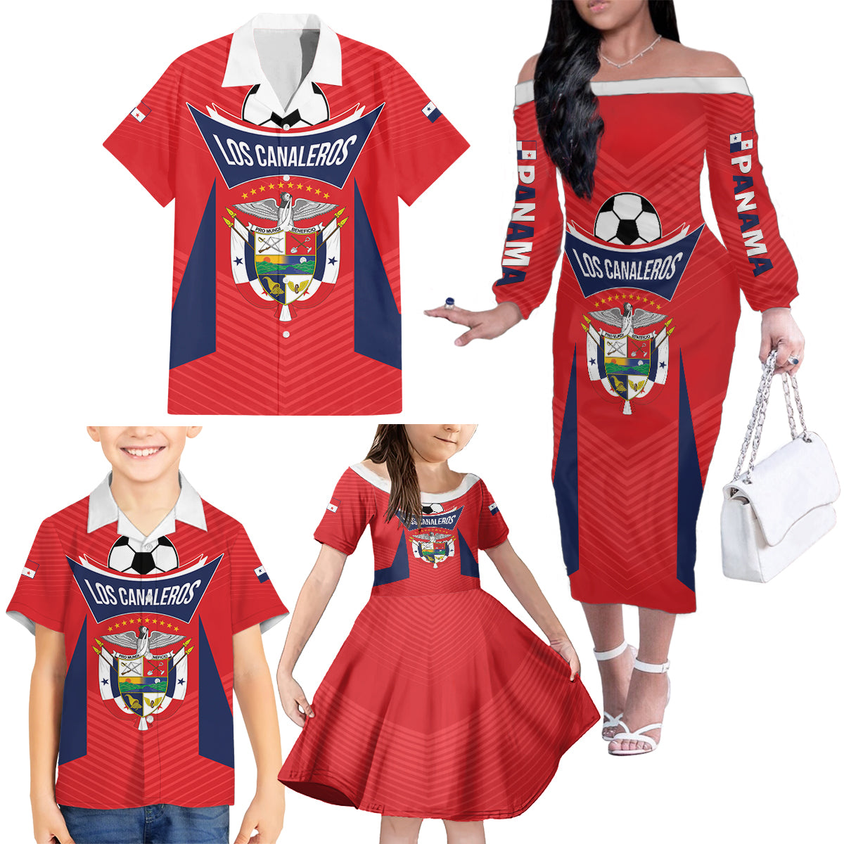 Personalized Panama 2024 Football Family Matching Off The Shoulder Long Sleeve Dress and Hawaiian Shirt Go Los Canaleros - Wonder Print Shop