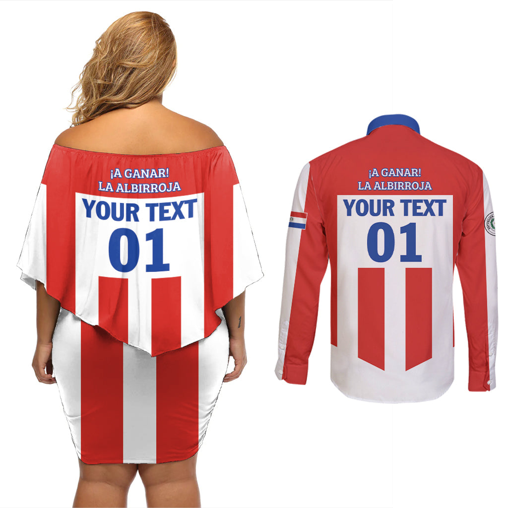 Personalized Paraguay 2024 Football Couples Matching Off Shoulder Short Dress and Long Sleeve Button Shirt Come On La Albirroja - Wonder Print Shop