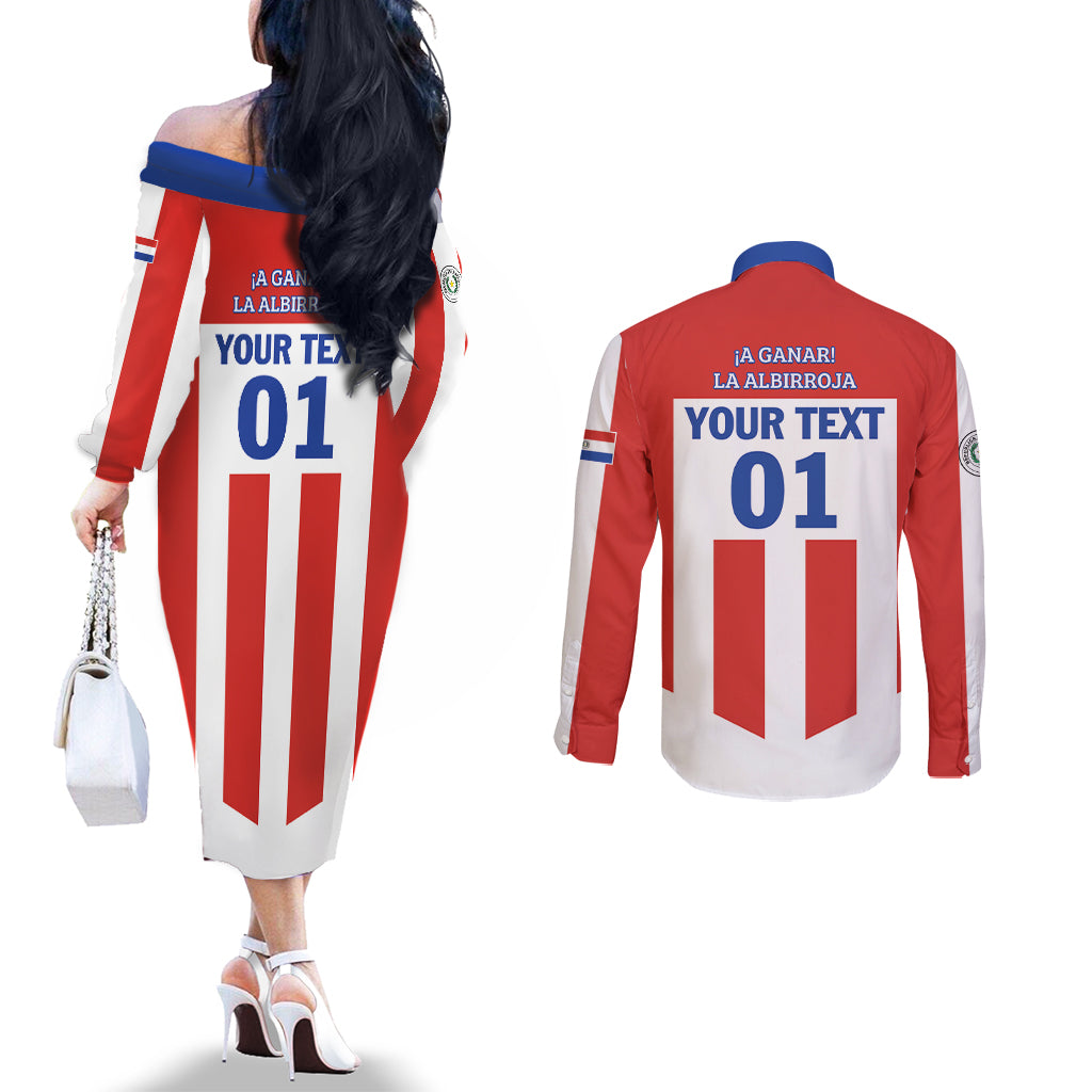 Personalized Paraguay 2024 Football Couples Matching Off The Shoulder Long Sleeve Dress and Long Sleeve Button Shirt Come On La Albirroja