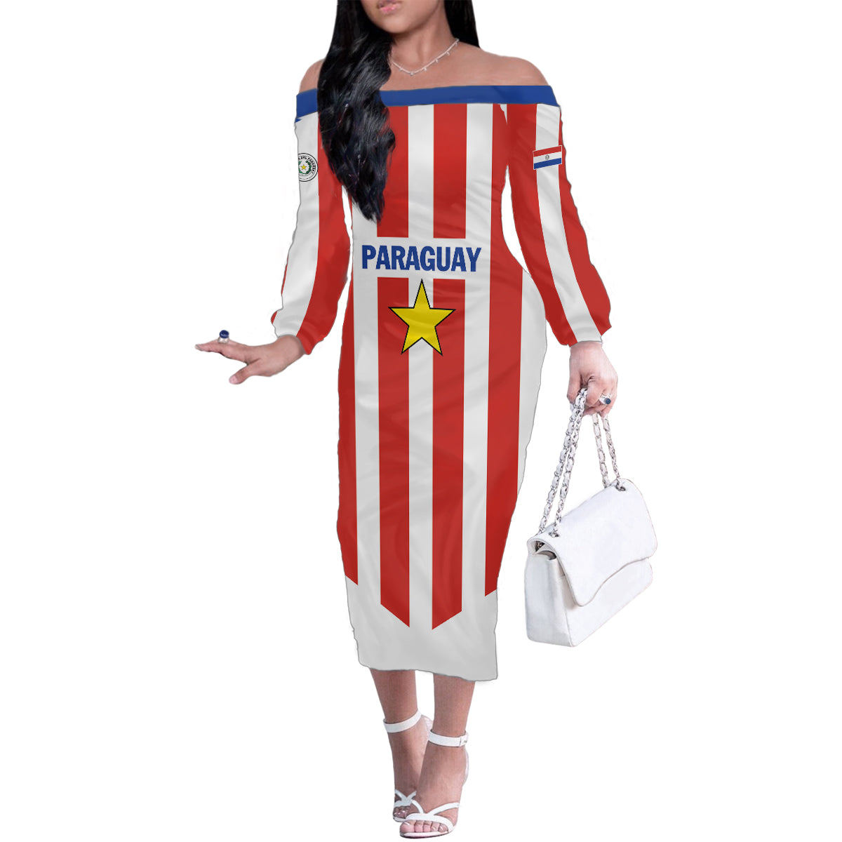 Personalized Paraguay 2024 Football Family Matching Off The Shoulder Long Sleeve Dress and Hawaiian Shirt Come On La Albirroja - Wonder Print Shop