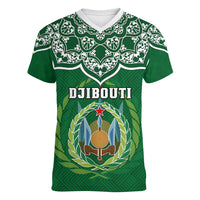 Custom Djibouti Women V Neck T Shirt Jabuuti Emblem With Islamic Floral Circle - Wonder Print Shop