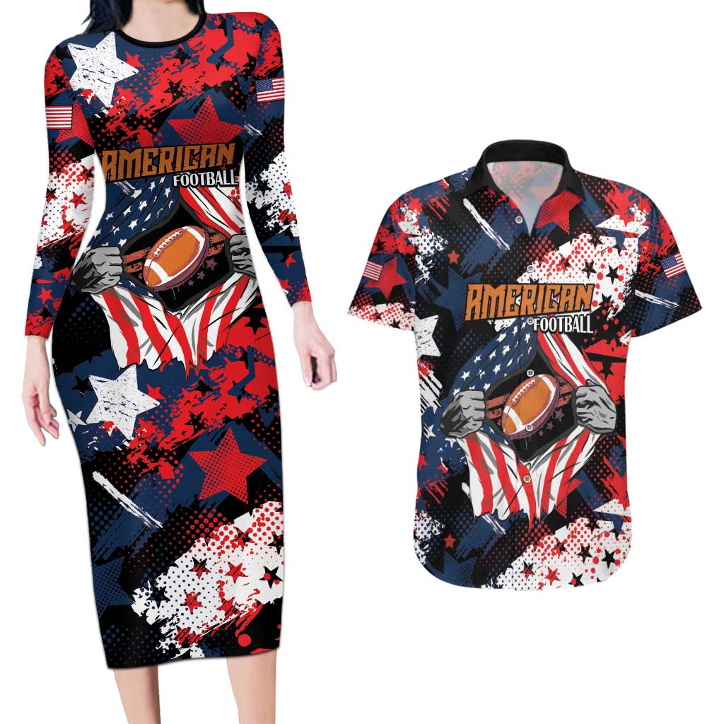 Custom American Football Grunge Couples Matching Long Sleeve Bodycon Dress and Hawaiian Shirt Special Version - Wonder Print Shop