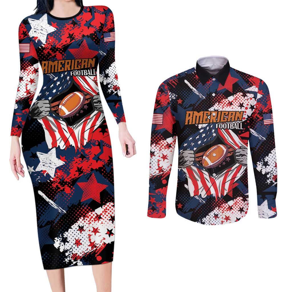 Custom American Football Grunge Couples Matching Long Sleeve Bodycon Dress and Long Sleeve Button Shirt Special Version - Wonder Print Shop